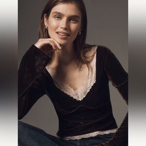 NWT By Anthropologie Velvet Lace-Trim V-Neck Top in Brown and Cream Size Small